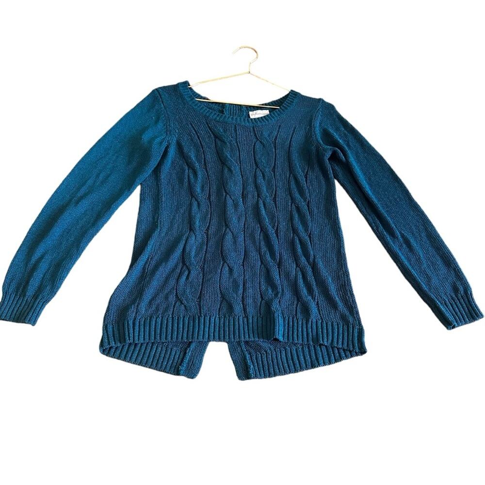 Soft Surroundings blue teal cable knit faux buttons up back size small